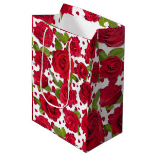 Sac Cadeau Moyen Motif floral de roses rouges et roses foncés éléga