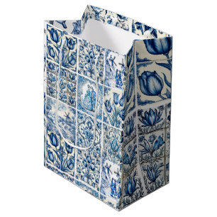 Sac Cadeau Moyen Motif floral élégant de toile de Jouy bleue