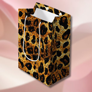 Sac Cadeau Moyen Motif Léopard Marron Doré Pailleté Luxe