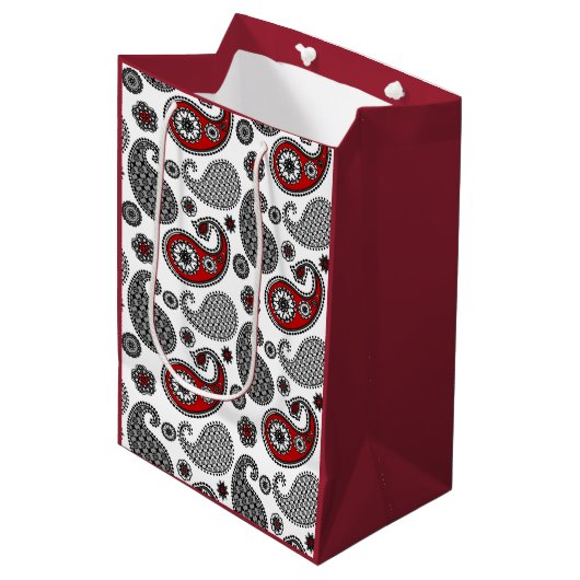 Sac Cadeau Moyen Motif Paisley, noir, blanc et rouge (Devant Angle)