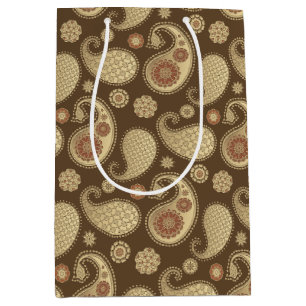 Sac Cadeau Moyen Motif Paisley, Or doux sur Brown au chocolat