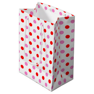 Sac Cadeau Moyen Motif Rouge et Rose sur Fond Blanc à Points