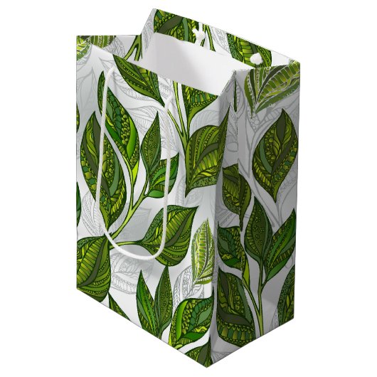 Sac Cadeau Moyen Motif sans couture avec Feuilles de thé vert (Devant Angle)