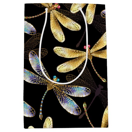 Sac Cadeau Moyen Motif sans couture avec libellules d'or (Devant)