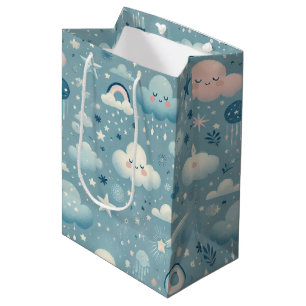 Sac Cadeau Moyen Motif Sky Whimsical avec nuages, étoiles - Bleu