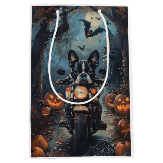 Sac Cadeau Moyen Moto à cheval Boston Terrier Halloween effrayant (Devant)