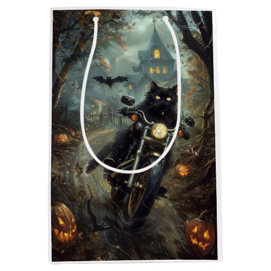 Sac Cadeau Moyen Moto à équitation Chat Noir Halloween effrayant (Devant)