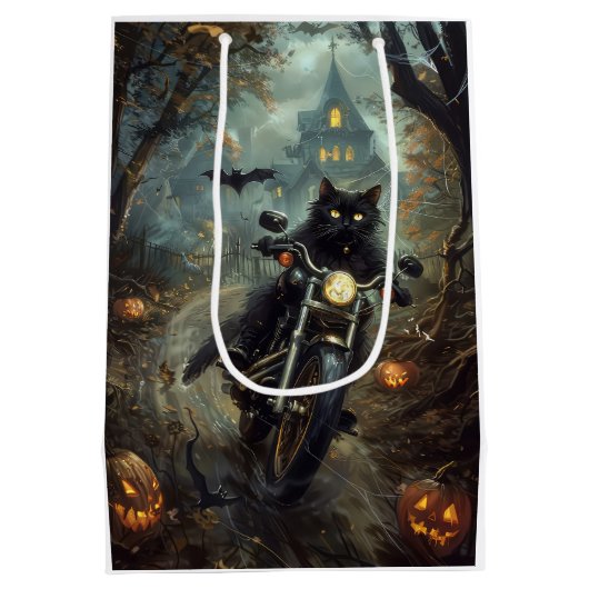 Sac Cadeau Moyen Moto à équitation Chat Noir Halloween effrayant (Dos)