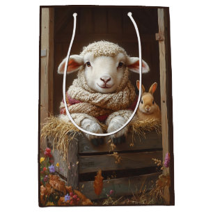 Sac Cadeau Moyen Moutons et lapin douillets en Grange avec Fleurs