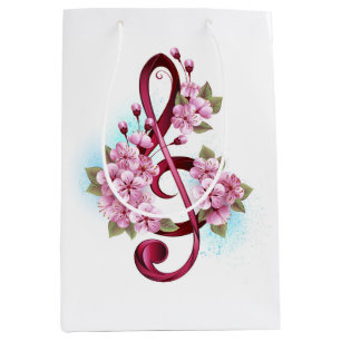 Sac Cadeau Moyen Musical treble clef notes with sakura flowers