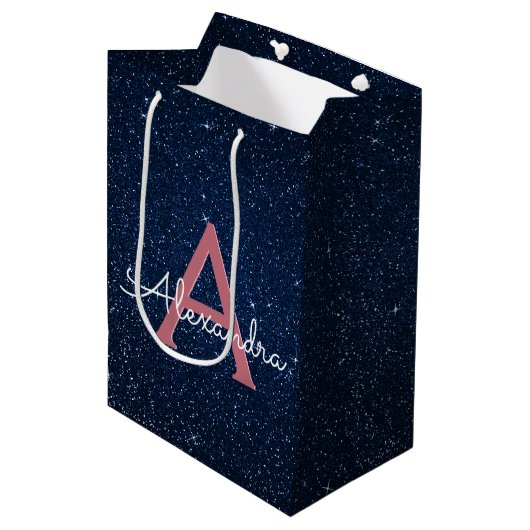 Sac Cadeau Moyen Navy Blue & Rose Gold Sparkle Glitter Monogram (Devant Angle)
