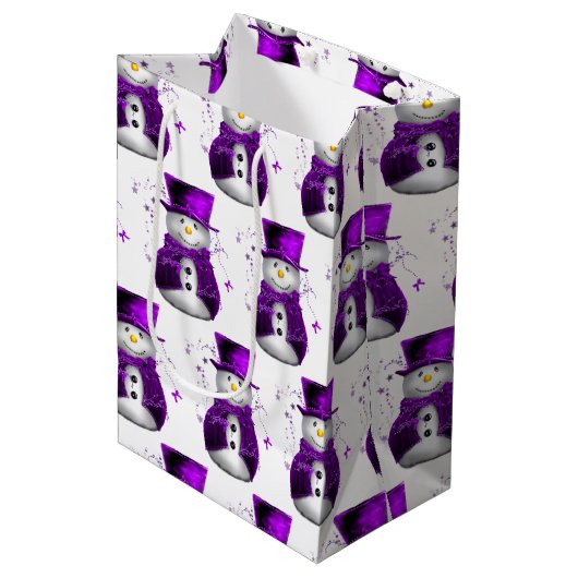 Sac Cadeau Moyen Neiges en velours violet Élégant Noël (Devant Angle)