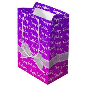 Sac Cadeau Moyen Neon Joyeux Anniversaire Avec Bow Blanc