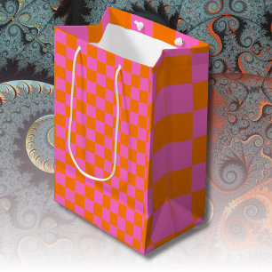 Sac Cadeau Moyen Neon rose Orange À damiers damier Vintage
