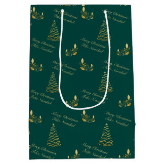 Sac Cadeau Moyen Noël bilingue vert et or