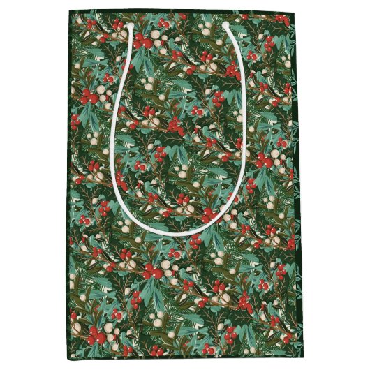 Sac Cadeau Moyen Noël botanique vert traditionnel (Devant)