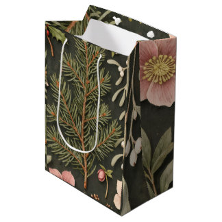 Sac Cadeau Moyen Noël Botanique Vintage Burgundy Vert Foncé