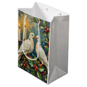 Sac Cadeau Moyen Noël Couronnes de houx et colombes blanches vintag
