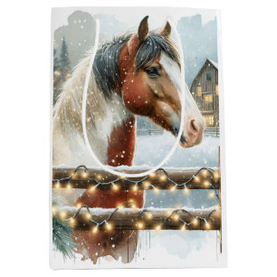 Sac Cadeau Moyen Noël du pays Cheval Brown et Blanc