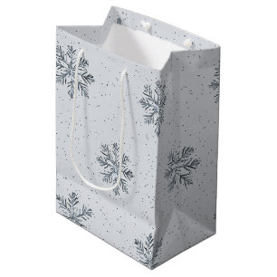 Sac Cadeau Moyen Noël Flocons de Neige Gris Argent