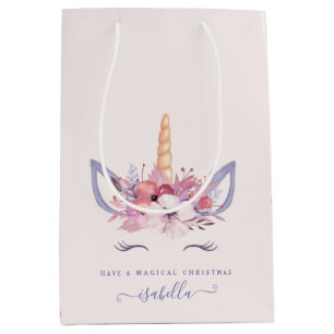 Sac Cadeau Moyen Noël floral de visage de licorne d'aquarelle