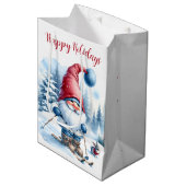 Sac Cadeau Moyen Noël Gnome Ski avec un lapin (Devant Angle)