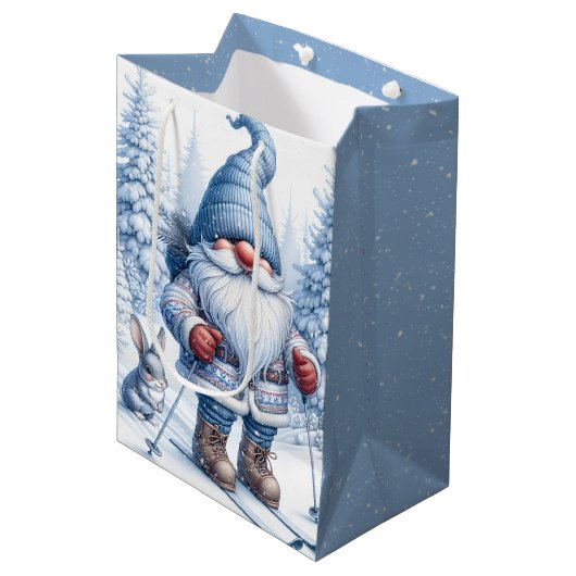 Sac Cadeau Moyen Noël Gnome Ski avec un lapin (Devant Angle)
