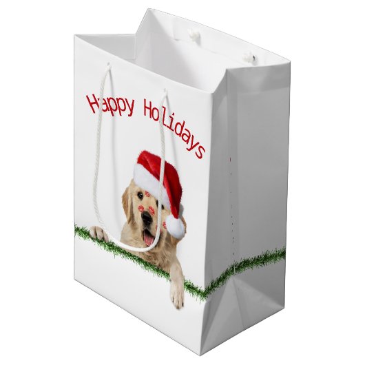 Sac Cadeau Moyen Noel Golden Retriever avec baisers en bâton à lèvr (Devant Angle)