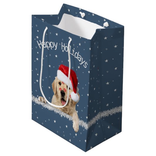 Sac Cadeau Moyen Noel Golden Retriever avec baisers en bâton à lèvr (Devant Angle)