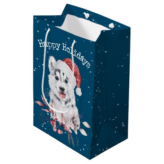 Sac Cadeau Moyen Noël Husky en bleu (Devant Angle)