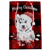 Sac Cadeau Moyen Noël Husky sur Buffalo Plaid (Devant)