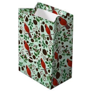 Sac Cadeau Moyen Noël Main Dessinée Cardinaux & Cônes de Pin Fête