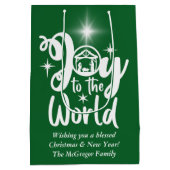 Sac Cadeau Moyen Noël Nativité Joie au monde Vert & Blanc (Dos)
