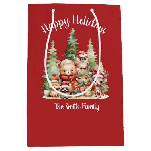 SAC CADEAU MOYEN NOËL RUSTIQUE ANIMAUX EN BOIS (Devant)