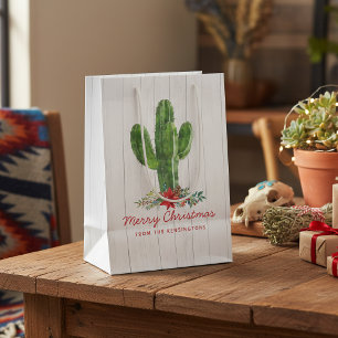 Sac Cadeau Moyen Noël rustique Cactus White Wood Holiday