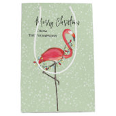 Sac Cadeau Moyen Noël Vacances Vert rose Flamant rose neige (Devant)