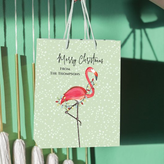 Sac Cadeau Moyen Noël Vacances Vert rose Flamant rose neige