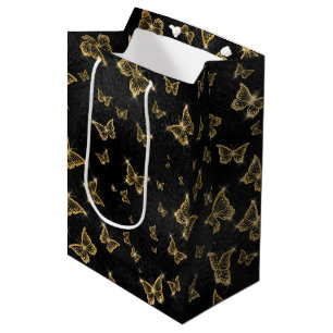 SAC CADEAU MOYEN NOIR AVEC DES PAPILLONS D'OR