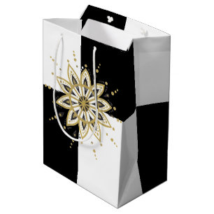 Sac Cadeau Moyen Noir & blanc carré or & mandala d'or moderne