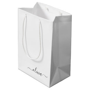 Sac Cadeau Moyen Noir Blanc moderne Script Girl Monogramme Nom