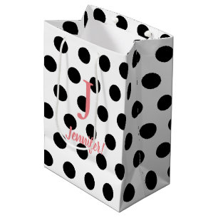 Sac Cadeau Moyen Noir et blanc Polka Point Pink Monogramme Nom pers