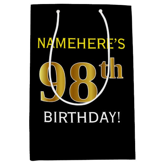 Sac Cadeau Moyen Noir, Faux Gold 98e anniversaire + Nom personnalis (Devant)