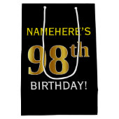 Sac Cadeau Moyen Noir, Faux Gold 98e anniversaire + Nom personnalis (Dos)