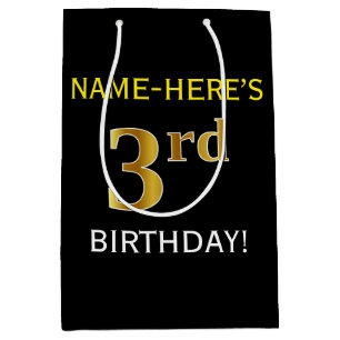 Sac Cadeau Moyen Noir, Faux Or 3ème anniversaire + Nom personnalisé