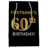 Sac Cadeau Moyen Noir, Faux Or 60e anniversaire + Nom personnalisé (Devant)