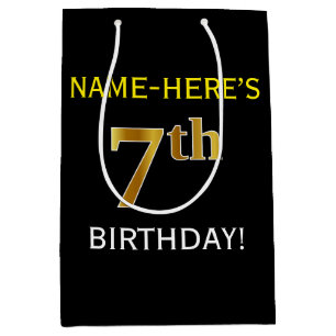 Sac Cadeau Moyen Noir, Faux Or 7ème anniversaire + Nom personnalisé