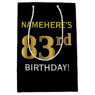 Sac Cadeau Moyen Noir, Faux Or 83ème anniversaire + Nom personnalis