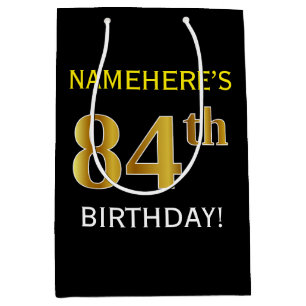 Sac Cadeau Moyen Noir, Faux Or 84e anniversaire + Nom personnalisé