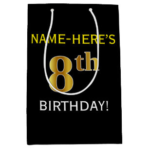 Sac Cadeau Moyen Noir, Faux Or 8ème anniversaire + Nom personnalisé