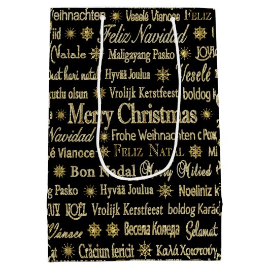 Sac Cadeau Moyen Noir & Or Joyeux Noël En Langue Différente (Dos)